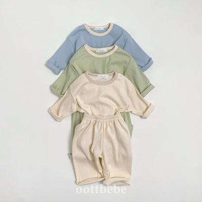 Pure Ribbed Top Bottom Set [Blue/XS(1-2yr)]